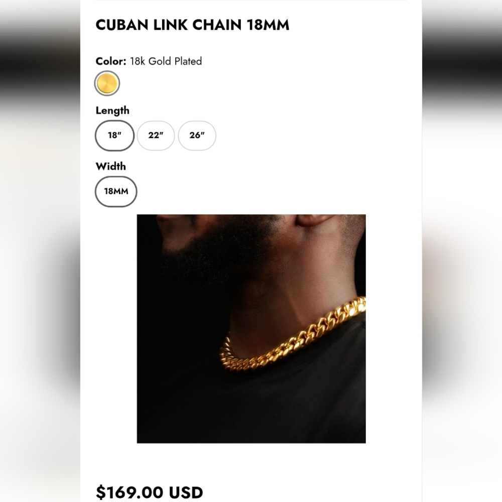 18k Gold Plated Cuban Link Chain 18mm